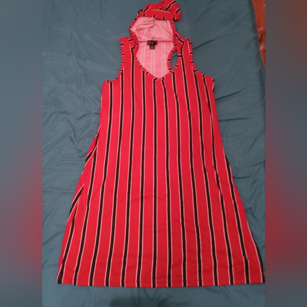Large Hooded Sleeveless  Red Black White striped dress No brand